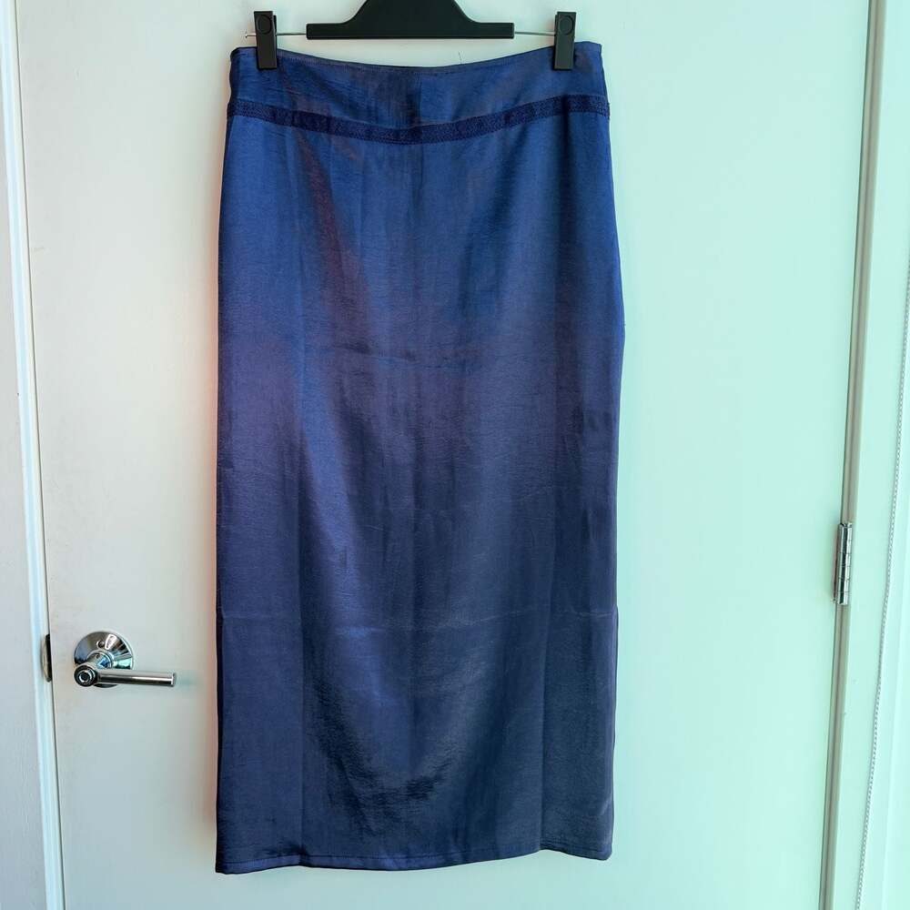 Free People Dakota Side Slit Satin Midi Skirt Navy Blue - Picture 2 of 8